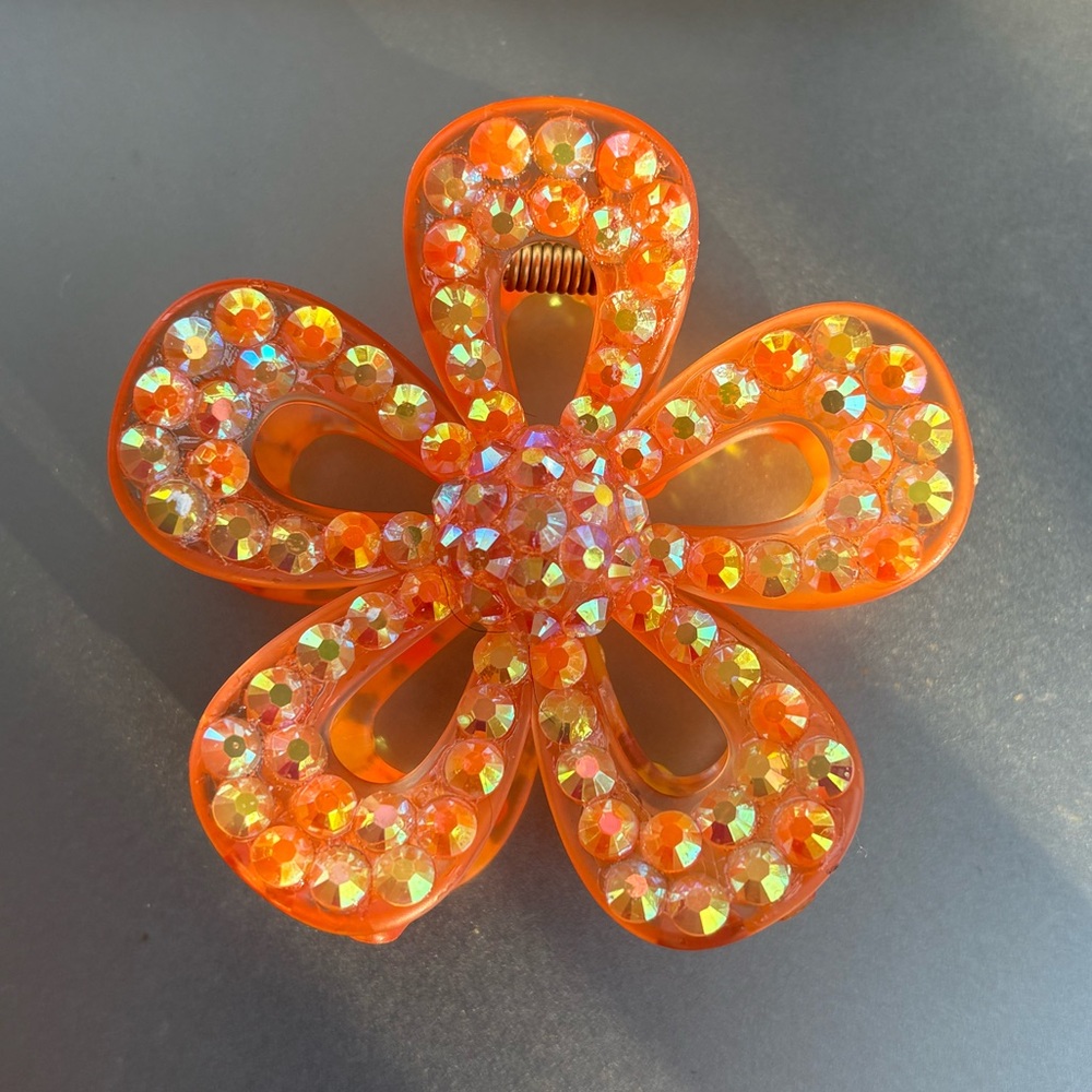 Handmade Orange Rhinestone Flower Hair Clip